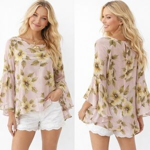 LC Lauren Conrad Floral Blouse - Pink, Cream and Yellow